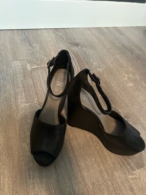 Black Vince Camuto Peep-Toe Ankle-Strap Wedge Sandals - Classic Women's Wedges